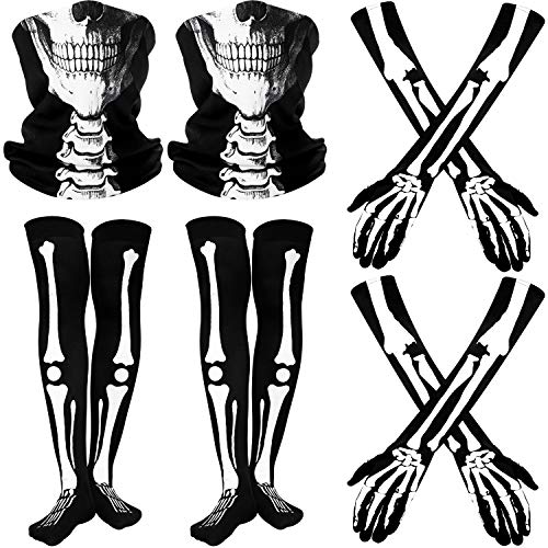 2 Sets Skelett lange Handschuhe Skelett Socken Leggings und Totenkopf Gesicht Abdeckung Schal Halbe Geisterknochen Cosplay Kostüme für Erwachsene Halloween Party von Geyoga