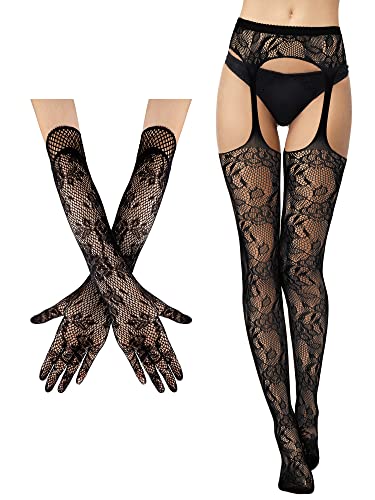Geyoga 2 Stück Strapsstrumpfhose lang Blumen Spitze Handschuhe - Schwarz - Medium von Geyoga
