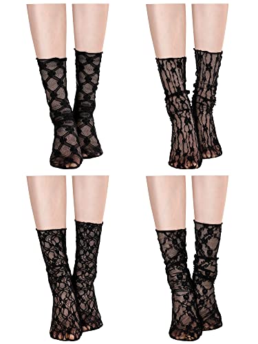 4 Paar Damen Spitze Socken Mesh Spitze Lose Socken Verziert Knöchel Hoch Sheer Socken Sheer Mesh Slouch Socken für Frauen, schwarz, Einheitsgröße von Geyoga