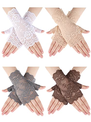 4 Paar Damen Spitzenhandschuhe Fingerlose Blumen Spitze Handschuhe Kostüm Hochzeit Abschlussball Handschuhe für Teeparty Cosplay, Grau, Weiß, Kaffee, Hautfarbe, Einheitsgröße von Geyoga