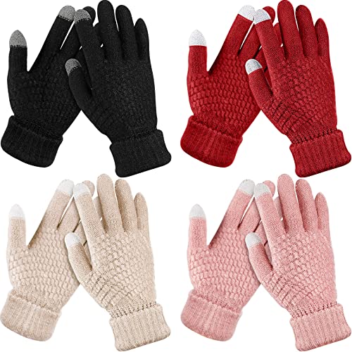 4 Paar Damen Winter Touchscreen Handschuhe Warm Fleece Gefüttert Strickhandschuhe Elastische Manschette Winter Texting Handschuhe, Schwarz, Rosa, Rot, Beige, Einheitsgröße von Geyoga