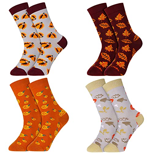 4 Paar Thanksgiving Socken Herbst Socken Truthahn Socken Ahornblatt Socken Kürbis Pilz Socken Neuheit Crew Socken für Damen Herren von Geyoga