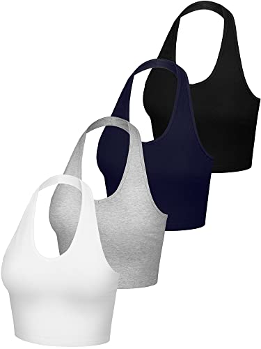 4er-Pack Damen-Neckholder-Tops, V-Ausschnitt, bauchfrei, Tanktop, rückenfrei, bauchfreies Top, tiefer V-Ausschnitt, Schwarz, Weiß, Hellgrau, Marineblau, Groß von Geyoga