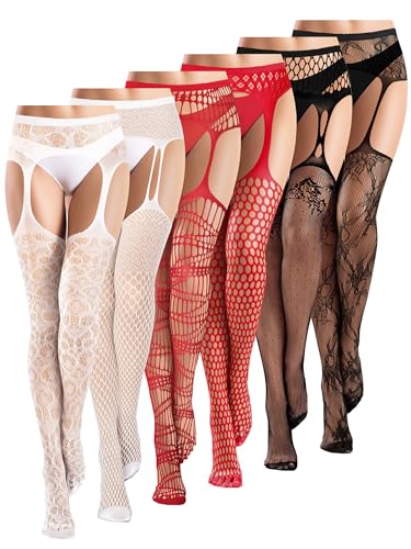 Geyoga 6 Paar Frauen Fischnetz Oberschenkel Hohe Strümpfe Strapse Strumpfhosen Dessous Strumpfgürtel Strumpfhosen für Frauen Mädchen, Schwarz/Rot/Weiß, M-L von Geyoga