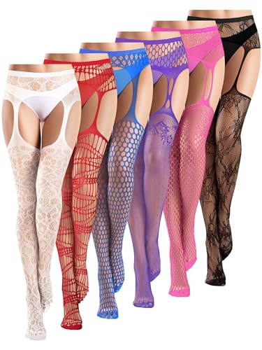 6 Paar Frauen Fischnetz Oberschenkelhohe Strümpfe Strapse Strumpfhose Dessous Strumpfband Gürtel Strumpfhose für Frauen Mädchen, Schwarz, Lila, Königsblau, Rot, Rosarot, Weiß, M-L von Geyoga