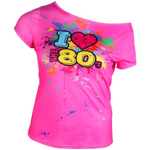 80er Jahre Outfit für Frauen Plus Size I Love The 80er Jahre Kostüme 80er Jahre Off Shoulder T-Shirt Tops Neon Kleidung Oversized, Rosenrot, XX-Large von Geyoga