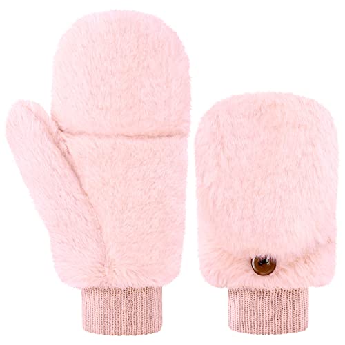 Damen Fäustlinge Pelz Winter Handschuhe Warme Kunstpelz Handschuhe mit Flip Weiche Fell Fingerlose Handschuhe (Rosa) von Geyoga