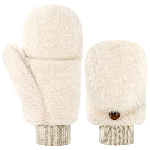 Damen Fäustlinge Pelz Winter Handschuhe Warme Kunstpelz Handschuhe mit Flip Weiche Fell Fingerlose Handschuhe (Beigeweiß) von Geyoga