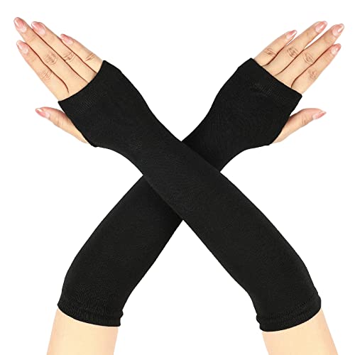 Geyoga Lang Schwarz Fingerlos Handschuhe Armstulpen Ellenbogenlange Winter Thermo Dehnbar Strickhandschuhe mit Daumenloch für Damen von Geyoga