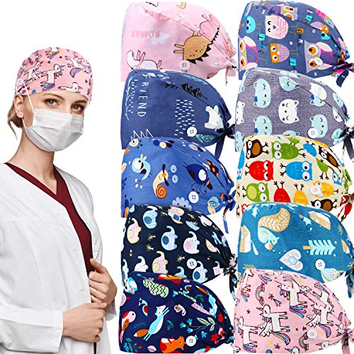 Geyoga 10 Stück Bouffant Caps mit Knöpfen Verstellbare Bouffant Hut Atmungsaktive Turban Kappe Schweißband Bouffant Hüte Raffhalter Hüte von Geyoga