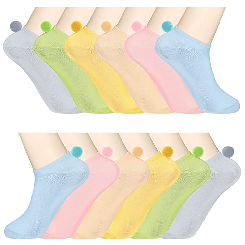 Geyoga 12 Paar Knöchelsocken mit Pom Pom Bällen Tief Geschnitten Pom Pom Socken Nahtlose Weiche Sportsocken (Süßigkeiten Farbe) von Geyoga