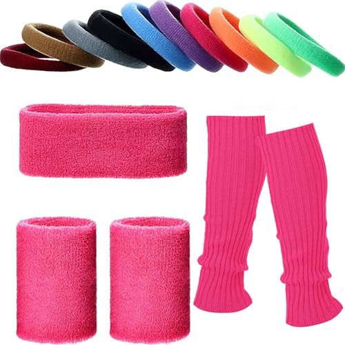 Geyoga 15 Stück 80er Jahre Outfit Accessoires für Damen Karneval Rosa Schweißband Set Haarband Sport Wristbands Beinstulpen und Haarseil 90er Retro Neon Kostüme Zubehör für Partys Fasching Frauen von Geyoga