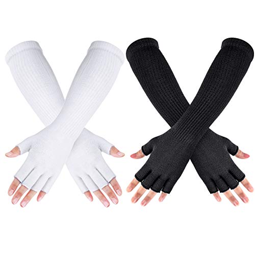 Geyoga 2 Paar Winter Fingerlos Fäustlinge Lange Thermo Strick Handschuhe Dehnbar Stricken Farbige Handschuhe für Männer Frauen, 11 Zoll (Weiß, Schwarz) von Geyoga