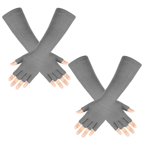 Geyoga 2 Paar Winter Fingerlose Handschuhe Lange Thermo Gestrickte Fäustlinge Dehnbare Armstulpen Halbfinger Handschuhe für Männer Frauen, 27,9 cm, Grau, Einheitsgröße von Geyoga