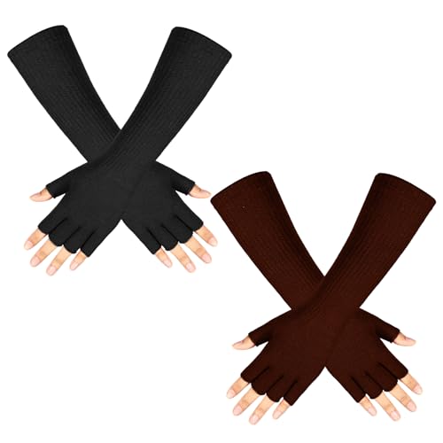 Geyoga 2 Paar Winter Fingerlose Handschuhe Lange Thermo Gestrickte Fäustlinge Dehnbare Armstulpen Halbfinger Handschuhe für Männer Frauen, 27,9 cm, Schwarz, Braun, Einheitsgröße von Geyoga