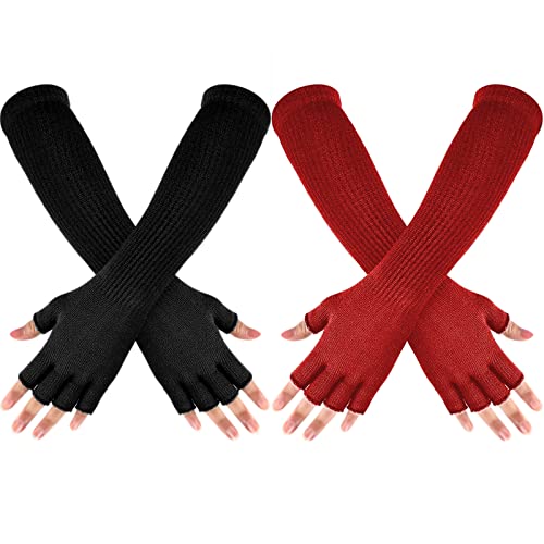 Geyoga 2 Paar fingerlose Winterhandschuhe Lange Thermo-Strick-Fäustlinge Dehnbare Armstulpen Halbfingerhandschuhe für Herren Damen, 27,9 cm, Black, Red, Einheitsgröße von Geyoga