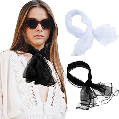 Geyoga 2 Stück Quadrat Chiffon Retro Schal Leichtes Halstuch Seiden Chiffon Halstuch für Mädchen Frauen 50er Jahre Halstuch Kopftuch (Schwarz, Weiß) von Geyoga