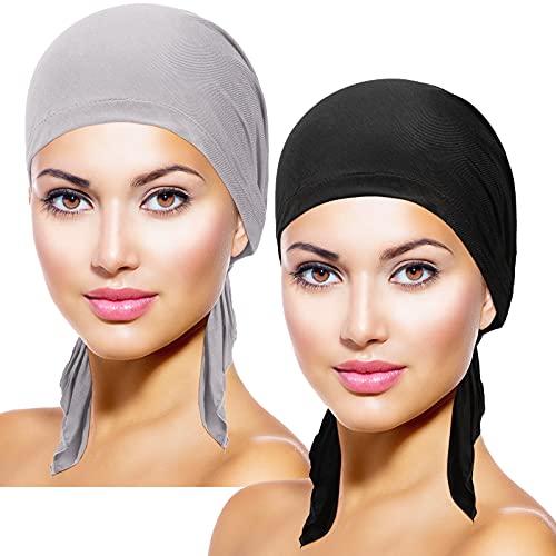 Geyoga 2 Stücke Schlüpfen Vorgebundene Kopftücher Frauen Kopfbedeckung Turban Mütze Kappe Kopfwickel Kopftuch für Frauen Mädchen (Schwarz, Hellgrau) von Geyoga