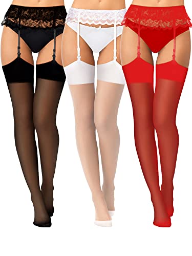 Geyoga 3 Damen Strümpfe und Strapse Set Spitze Elastisch Strapsgürtel und Strümpfe Set Schwarz Weiß Rot Strapsstrümpfe für Halloween von Geyoga