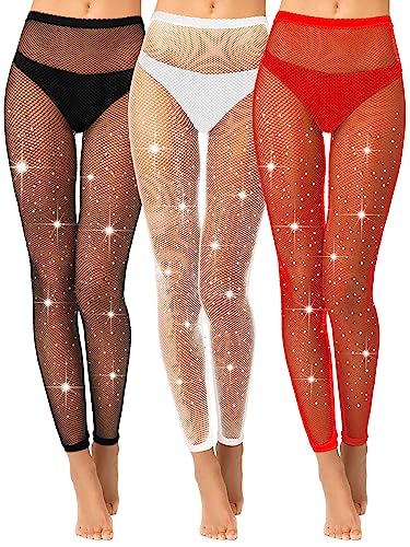 Geyoga 3 Paar Damen Glitzer Netzstrumpfhosen Zehenlose Diamant Fußlos Fischnetz Strumpfhosen für Festspiele Cosplay Halloween, Einheitsgröße von Geyoga