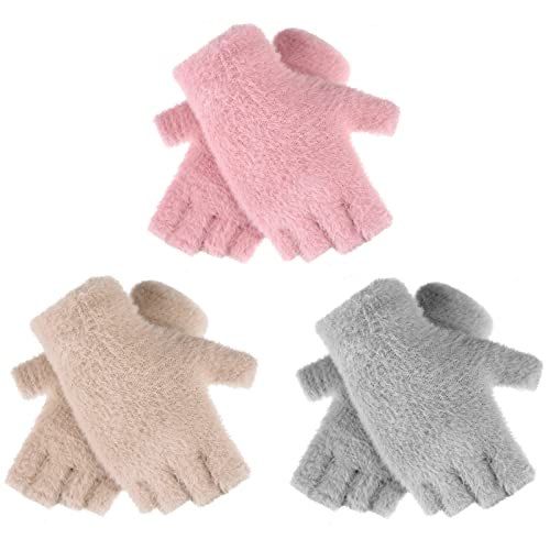 Geyoga 3 Paar Damen Faux Nerz Pelz Fingerlose Handschuhe Halbfinger Strickhandschuhe Schreibhandschuhe Kalt Wetter Winter Fäustlinge von Geyoga