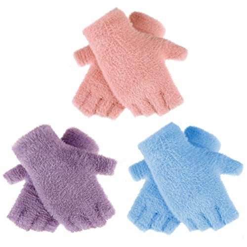 Geyoga 3 Paar Damen Pelz Fingerlose Handschuhe Warme Winter Gestrickte Halbfinger Fäustlinge von Geyoga