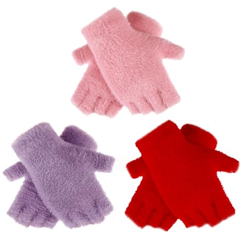 Geyoga 3 Paar Damen Pelz Fingerlose Handschuhe Warme Winter Gestrickte Halbfinger Fäustlinge von Geyoga