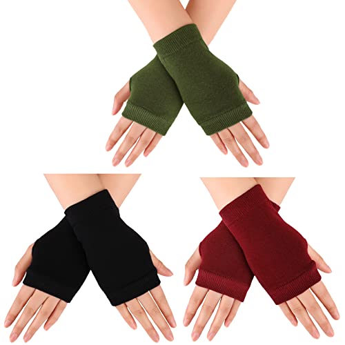 Geyoga 3 Paar Fingerlose Handschuhe mit Daumenloch Halbfinger Stricken Fäustlinge für Männer Frauen (Schwarz, Weinrot, Armeegrün) von Geyoga