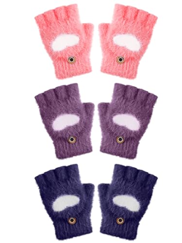 Geyoga 3 Paar Kinder Halbfinger Handschuhe Herzmotiv Fäustlinge mit Knopf Klappe(Lila, Marineblau, Rot,5-10 Jahre) von Geyoga