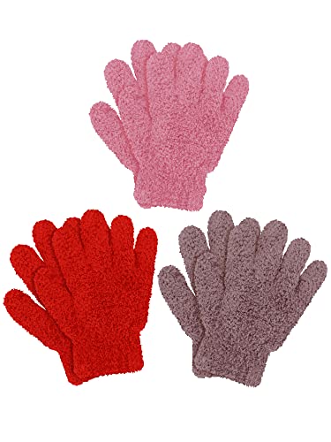 Geyoga 3 Paar Kinder Strickhandschuhe Winter Warme Vollfinger Handschuhe (Hellrosa, Rot, Khaki, M) von Geyoga