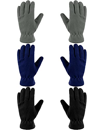 Geyoga 3 Paar Kinder Vlies Handschuhe Winter Vollfinger Fäustlinge für Jungen Mädchen (Blau, Grau, Schwarz, L (10-15 Jahre)) von Geyoga