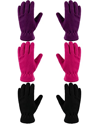 Geyoga 3 Paar Kinder Vlies Handschuhe Winter Vollfinger Fäustlinge für Jungen Mädchen (Schwarz, Lila, Rosenrot, M (8-12 Jahre)) von Geyoga