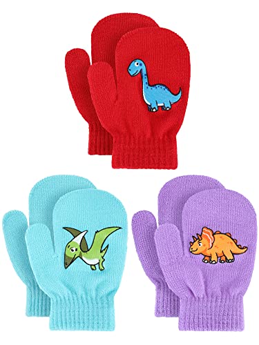 Geyoga 3 Paar Kinder Winter Fäustlinge Dehnbar Stricken Handschuhe Dinosaurier Warme Vollfinger Fäustlinge (Frischer Stil) von Geyoga