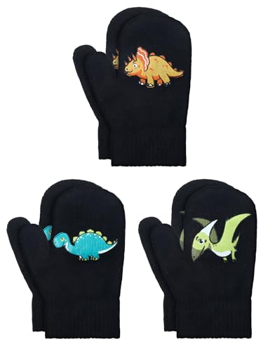 Geyoga 3 Paar Kinder Winter Fäustlinge Dehnbar Stricken Handschuhe Dinosaurier Warme Vollfinger Fäustlinge (Klassischer Stil) von Geyoga