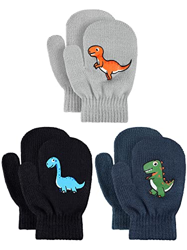 Geyoga 3 Paar Kinder Winter Fäustlinge Dehnbar Stricken Handschuhe Dinosaurier Warme Vollfinger Fäustlinge (Stilvoller Stil) von Geyoga