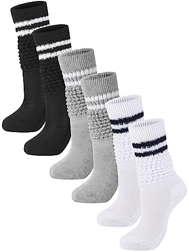 Geyoga 3 Paar Kniestrümpfe Dünne Streifen Sportsocken Lange Socken für Frauen Schlauchhohe Strümpfe für Mädchen Herren, Schwarz, Weiß, Grau, Einheitsgröße von Geyoga