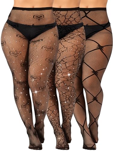 Geyoga 3 Paar Netzstrümpfe für Damen Übergröße Hohe Strümpfe mit Strasssteinen Hohe Taille Strumpfhose(Schwarz,XL-4XL) von Geyoga