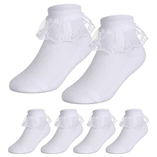 Geyoga 3 Paar Alter 5-7 Mädchen Rüschen Spitze Socken Kleinkind Weiße Socken Knöchelsocken Schule Socken Knöchel Ballett Socken von Geyoga