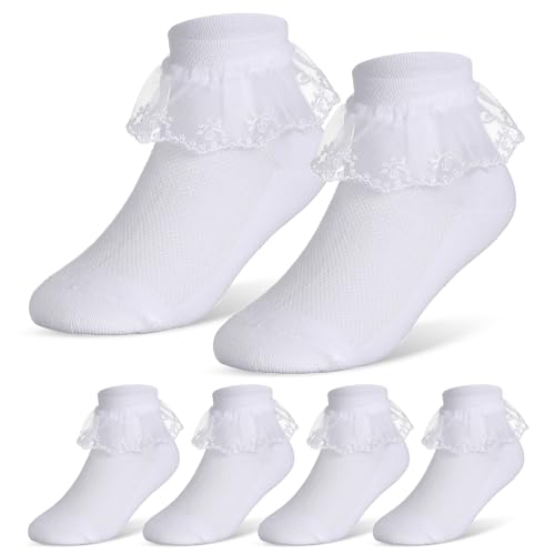 Geyoga 3 Paar Mädchen Rüschen Spitze Socken Kleinkind Weiße Lace Socken Schule Socken Knöchel Ballett Socken (Klassisch, 5-7 Jahre) von Geyoga