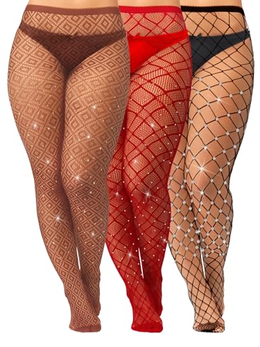 Geyoga 3 Paar Übergröße Glitzer Strumpfhosen Strass Netzstrümpfe mit Hoher Taille Netzstrumpfhose für Damen(Schwarz, Rot, Kaffee,XL-4XL) von Geyoga