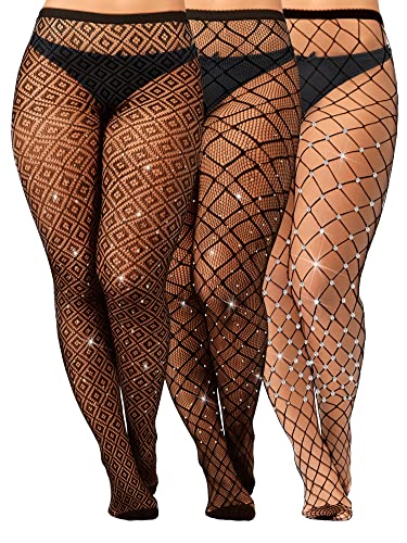 Geyoga 3 Paar Übergröße Glitzer Strumpfhosen Strass Netzstrümpfe mit Hoher Taille Netzstrumpfhose für Damen(Schwarz,L-XL) von Geyoga