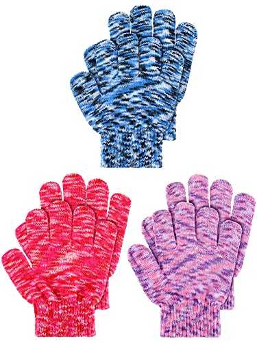 Geyoga 3 Paar Winter Kinder Gestrickte Handschuhe Kinder Strickhandschuhe Elastische Fäustlinge (Rot, Blau, Lila, M) von Geyoga