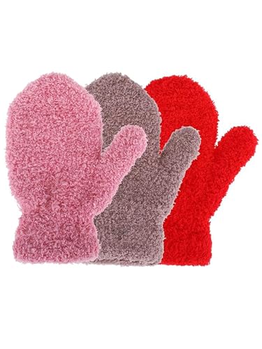 Geyoga 3 Paar Winter Kleinkind Fäustlinge Dehnbare Handschuhe Warme Kinder Strickhandschuhe (Khaki, Hellrosa, Rot, 1-4 Jahre) von Geyoga