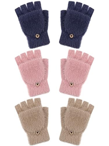 Geyoga 3 Pack Fingerlose Handschuhe Winter Thermohandschuhe Flip Warme Wandelbare Fäustlinge für Frauen(Blaugrün, Khaki, Rot,10-15 Jahre) von Geyoga