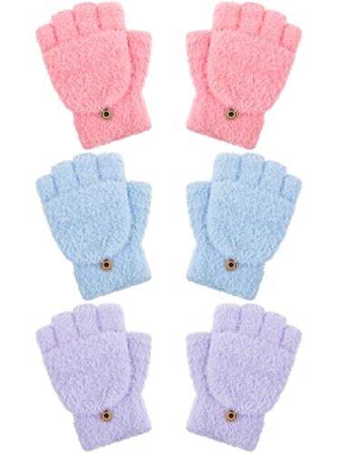 Geyoga 3 Pack Fingerlose Handschuhe Winter Thermohandschuhe Flip Warme Wandelbare Fäustlinge für Frauen(Hellrot, Blau, Hellviolett,10-15 Jahre) von Geyoga