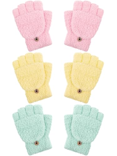 Geyoga 3 Pack Fingerlose Handschuhe Winter Thermohandschuhe Flip Warme Wandelbare Fäustlinge für Frauen(Rosa, Gelb, Hellgrün,5–10 Jahre) von Geyoga