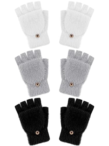 Geyoga 3 Pack Fingerlose Handschuhe Winter Thermohandschuhe Flip Warme Wandelbare Fäustlinge für Frauen(Schwarz, Weiß, Grau,1–4 Jahre) von Geyoga