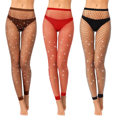 Geyoga 3 Stück Glitzer Netzstrümpfe Netzstrumpfhosen Fußlos Fischnetz Festival Outfit Strumpfhosen(Schwarz, Rot, Kaffee,M) von Geyoga
