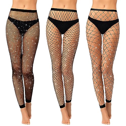 Geyoga 3 Stück Glitzer Netzstrümpfe Netzstrumpfhosen Fußlos Fischnetz Festival Outfit Strumpfhosen(Schwarz,M) von Geyoga