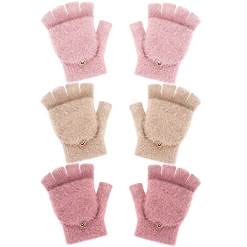 Geyoga 3er Pack Fingerlose Handschuhe Damen Winter Handschuhe Warme Wandelbare Fäustlinge Thermohandschuhe (Beige, Rosa, Rot) von Geyoga